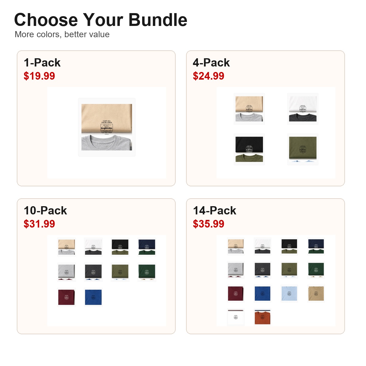 Bundle guide for 1-pack 4-pack 10-pack and 14-pack fishing tee offers