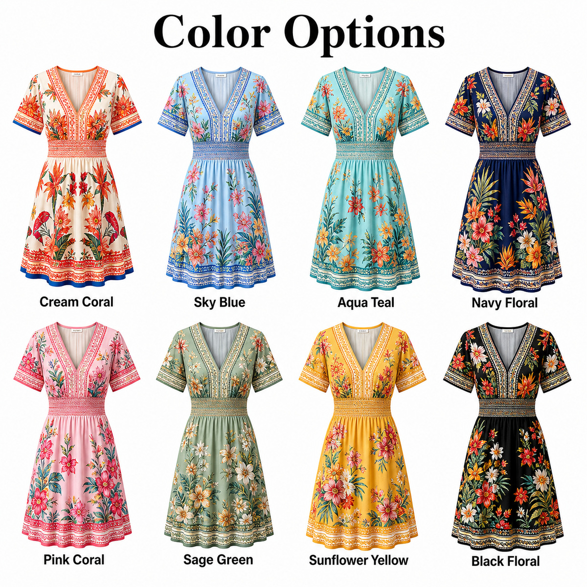 Tropical floral resort dress color options guide
