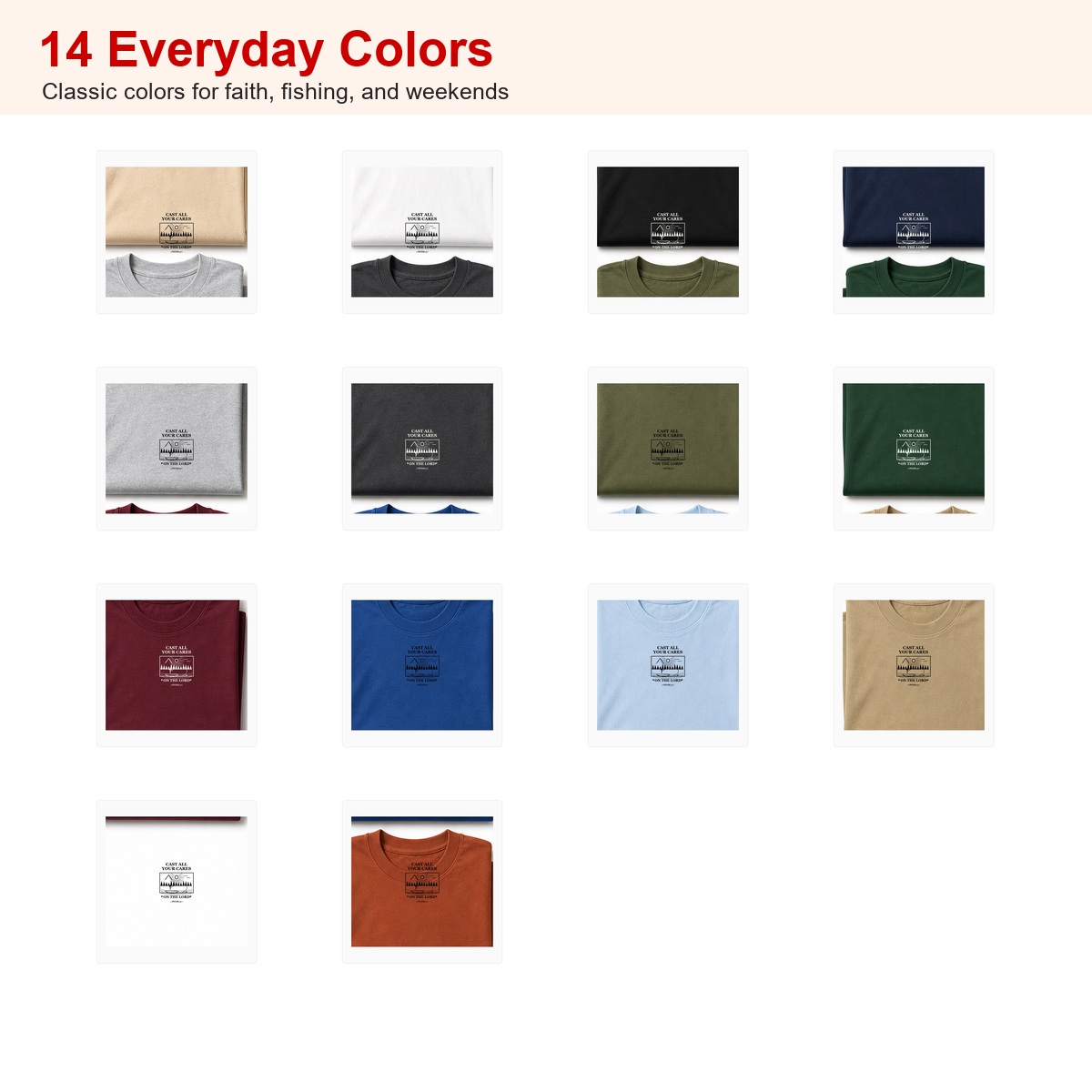 14 color guide for Cast All Your Cares fishing tee