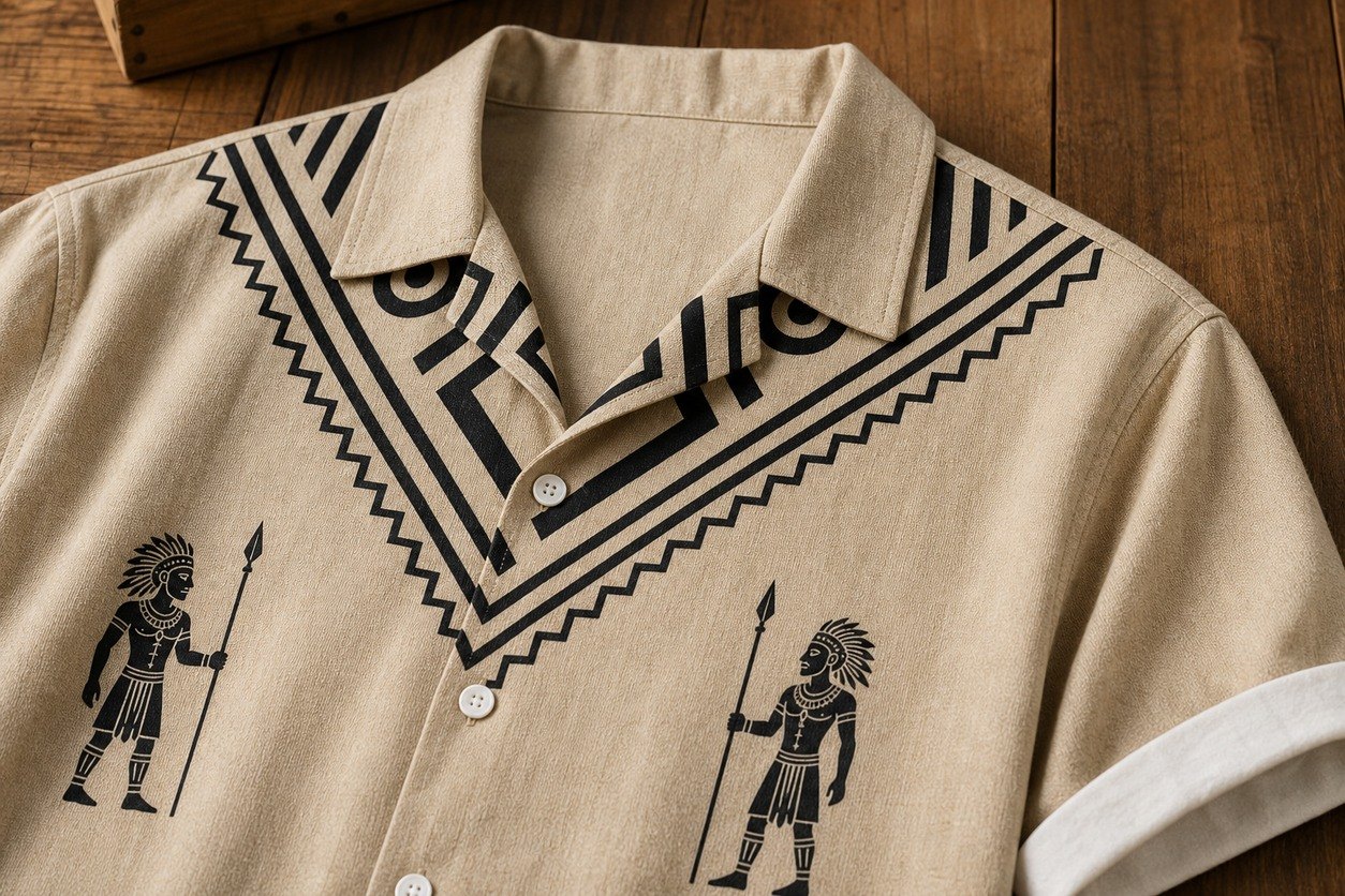 Close-up detail of tribal camp collar shirt fabric and pattern