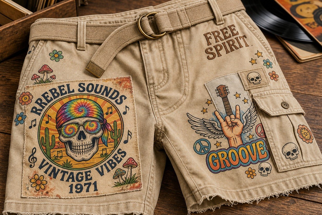 Close-up detail of vintage graphic cargo shorts