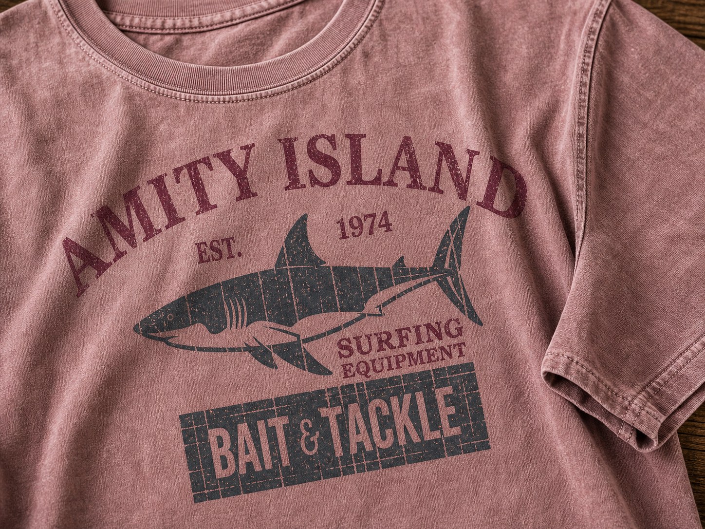 Close-up detail of vintage washed shark bait and tackle tee