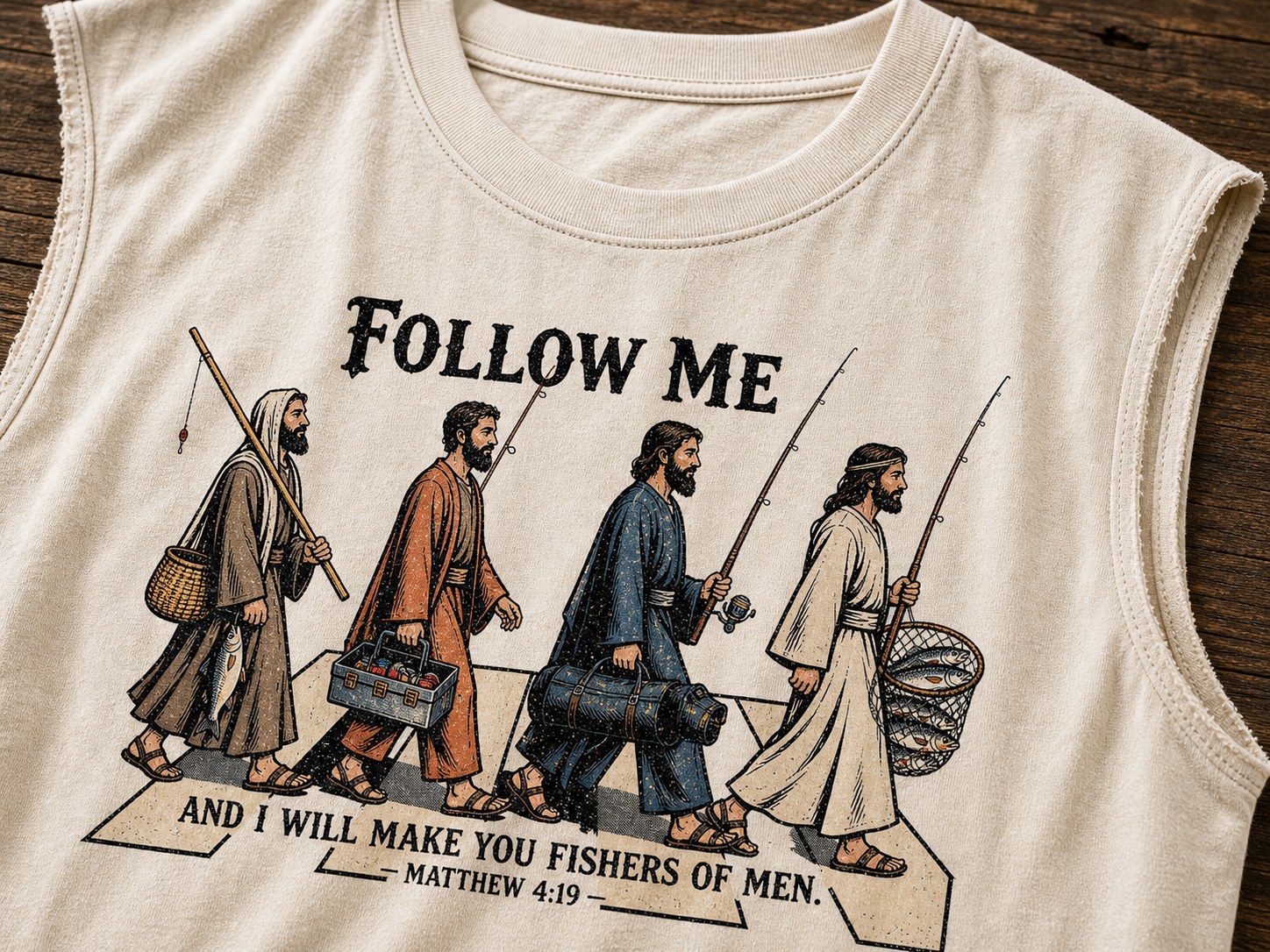 Close-up detail of Follow Me Fishers of Men sleeveless tee
