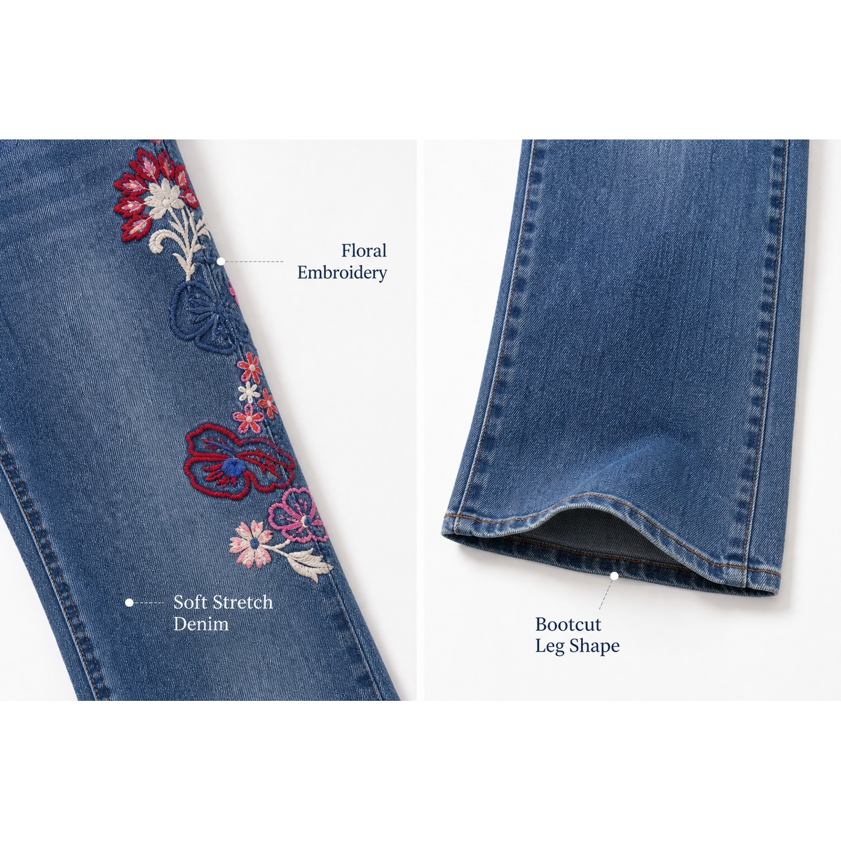 Floral embroidery and bootcut hem detail