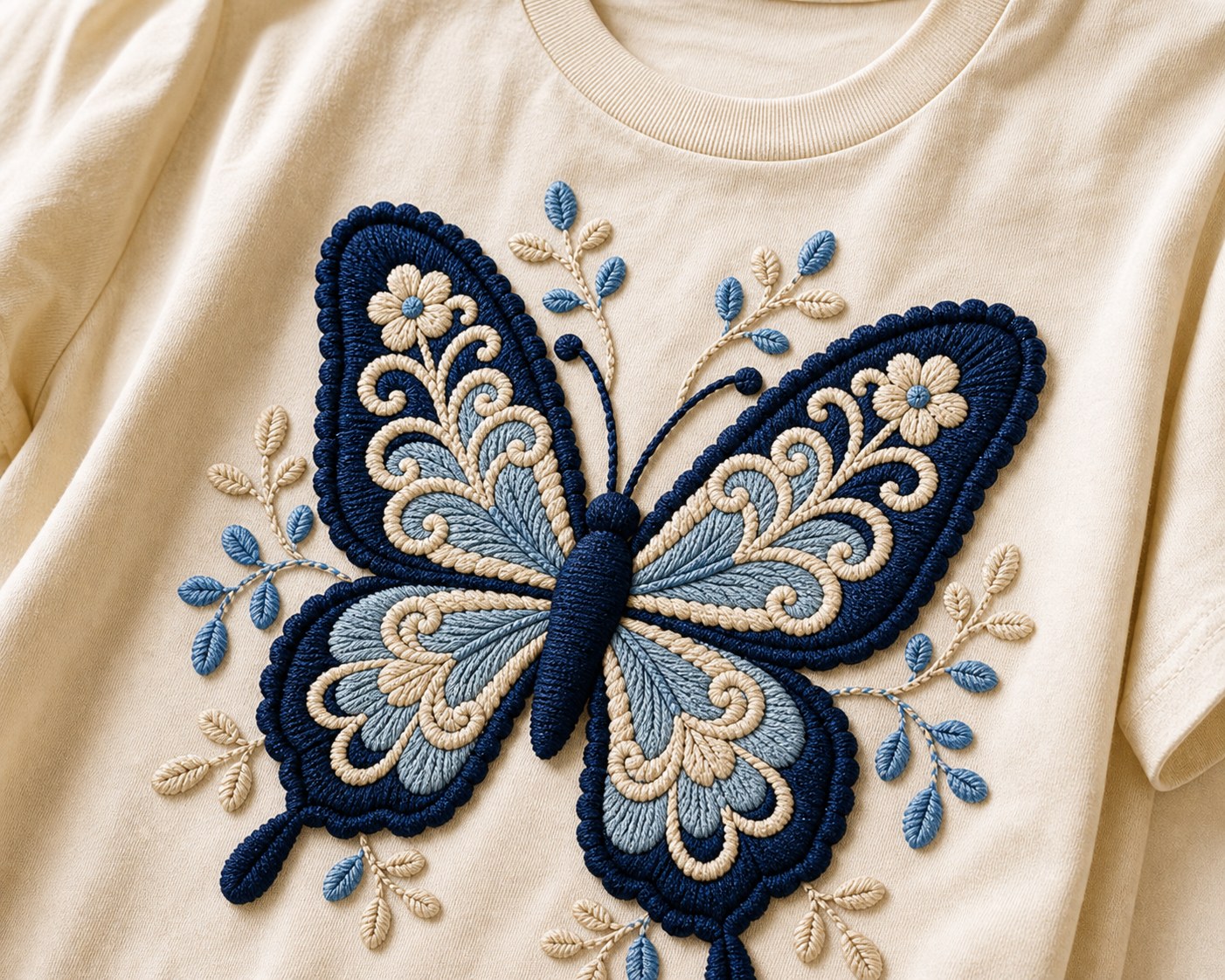 Close-up detail of crochet butterfly graphic tee