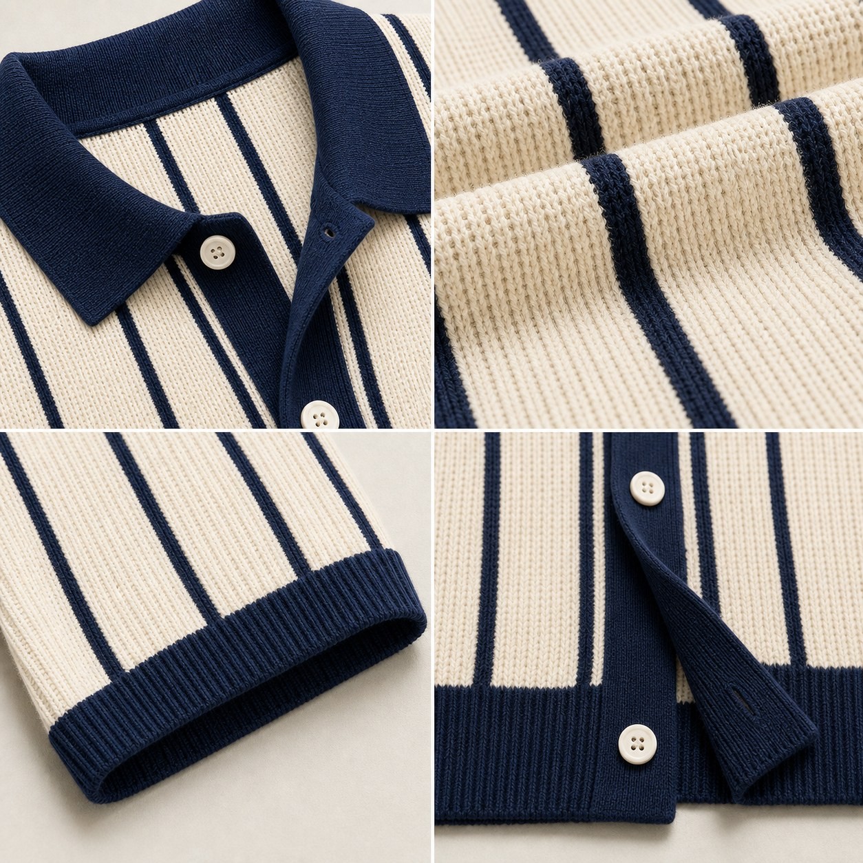 Close-up of ribbed knit texture and button front on striped polo cardigan