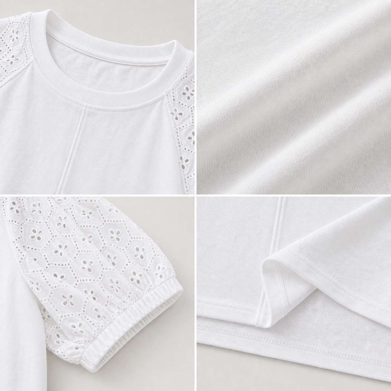 Close-up of cotton body and floral eyelet lace sleeve detail
