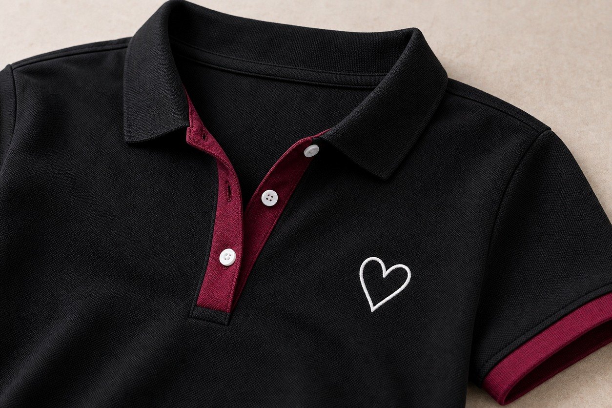 Close-up detail of women's contrast trim heart polo