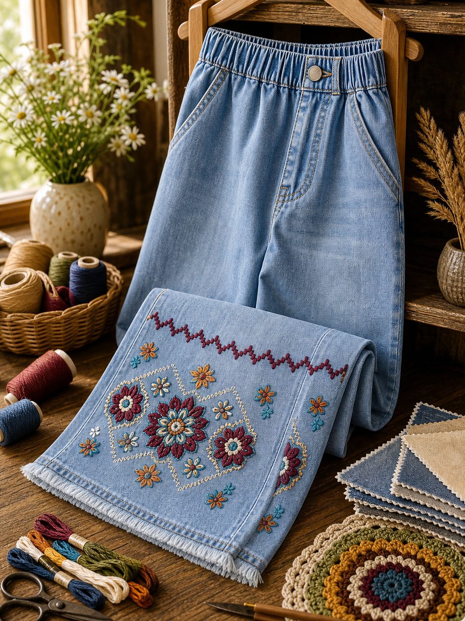 Close-up detail of embroidered denim capri pants