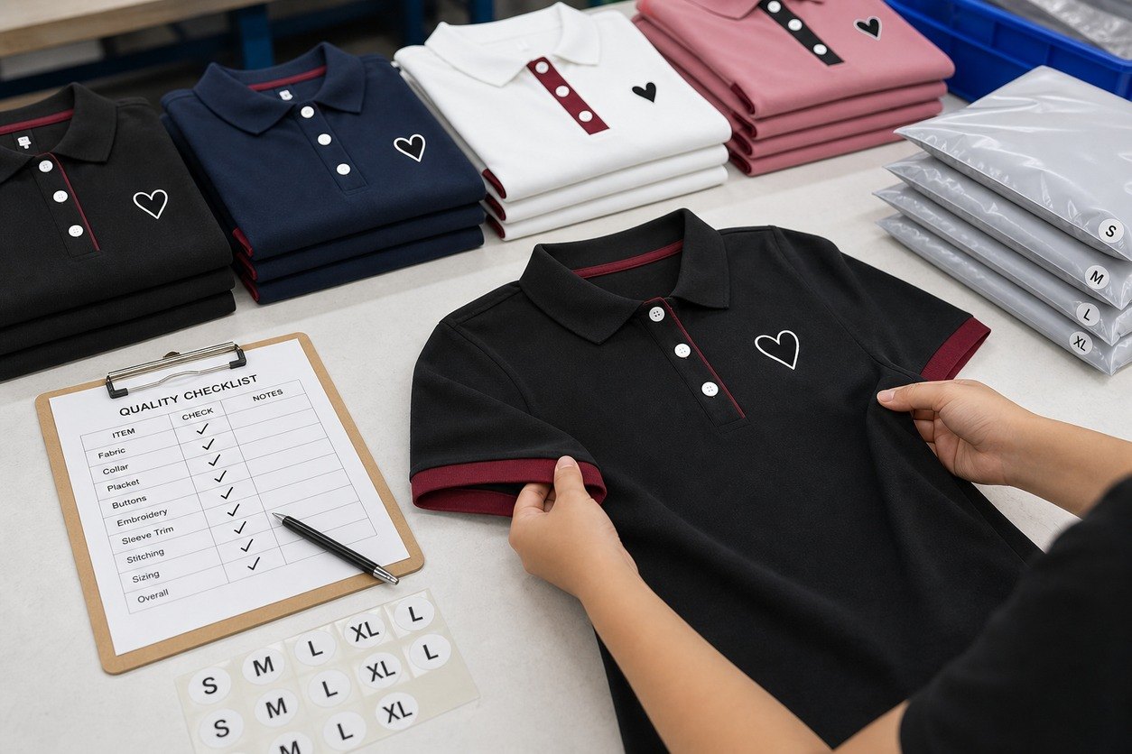 Factory quality check and packing scene for contrast trim heart polo shirts