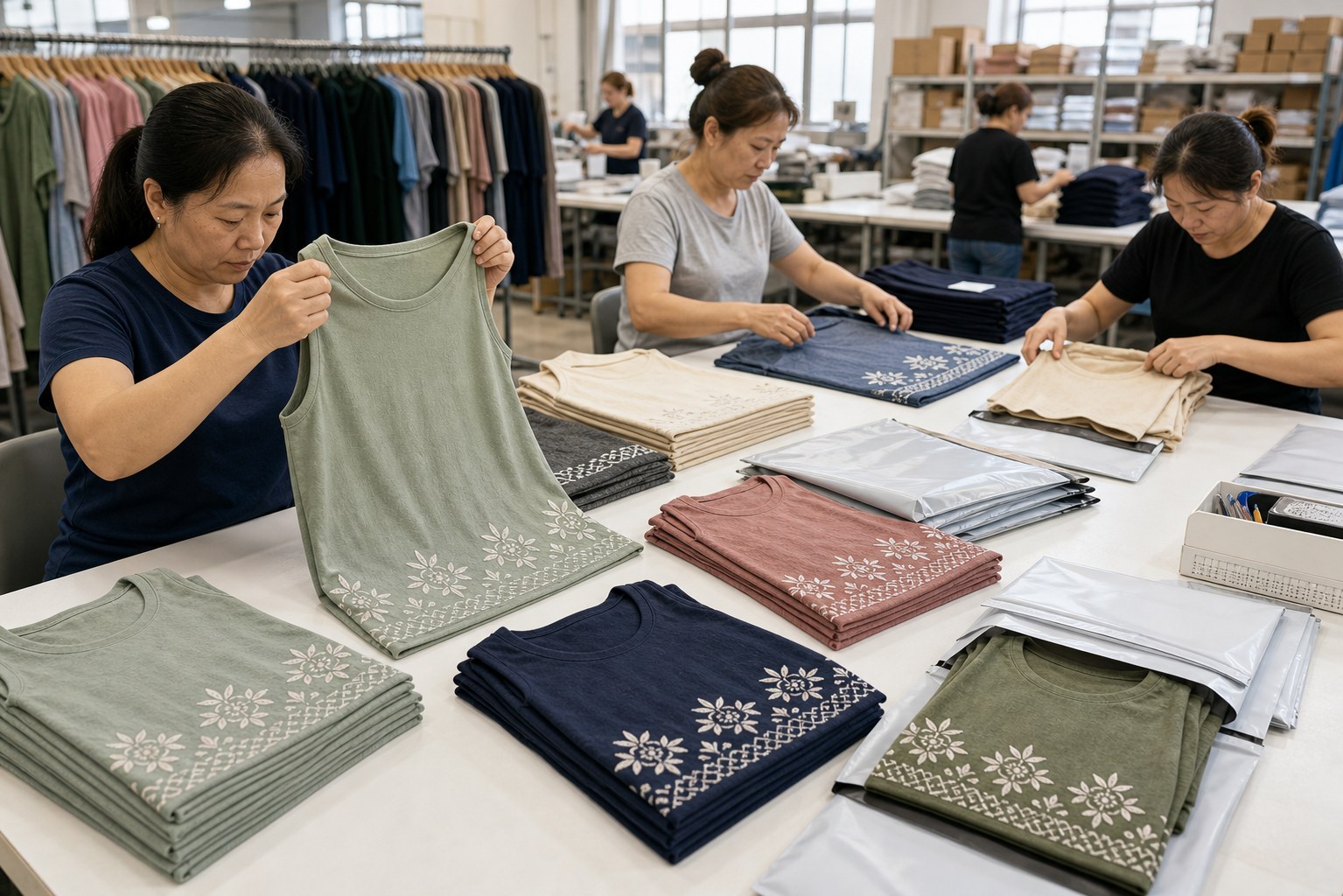 Factory quality check and packing scene for embroidered sleeveless tank tops