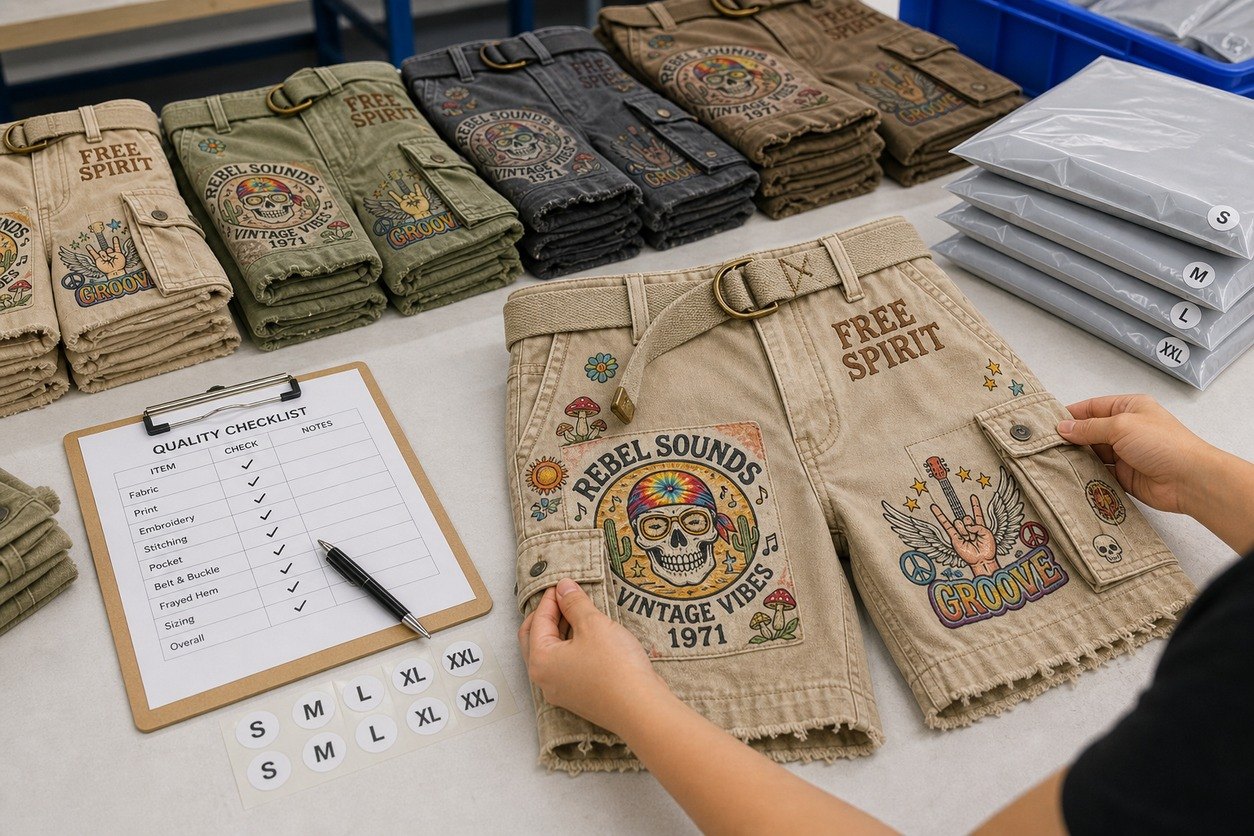 Factory quality check and packing scene for vintage graphic cargo shorts