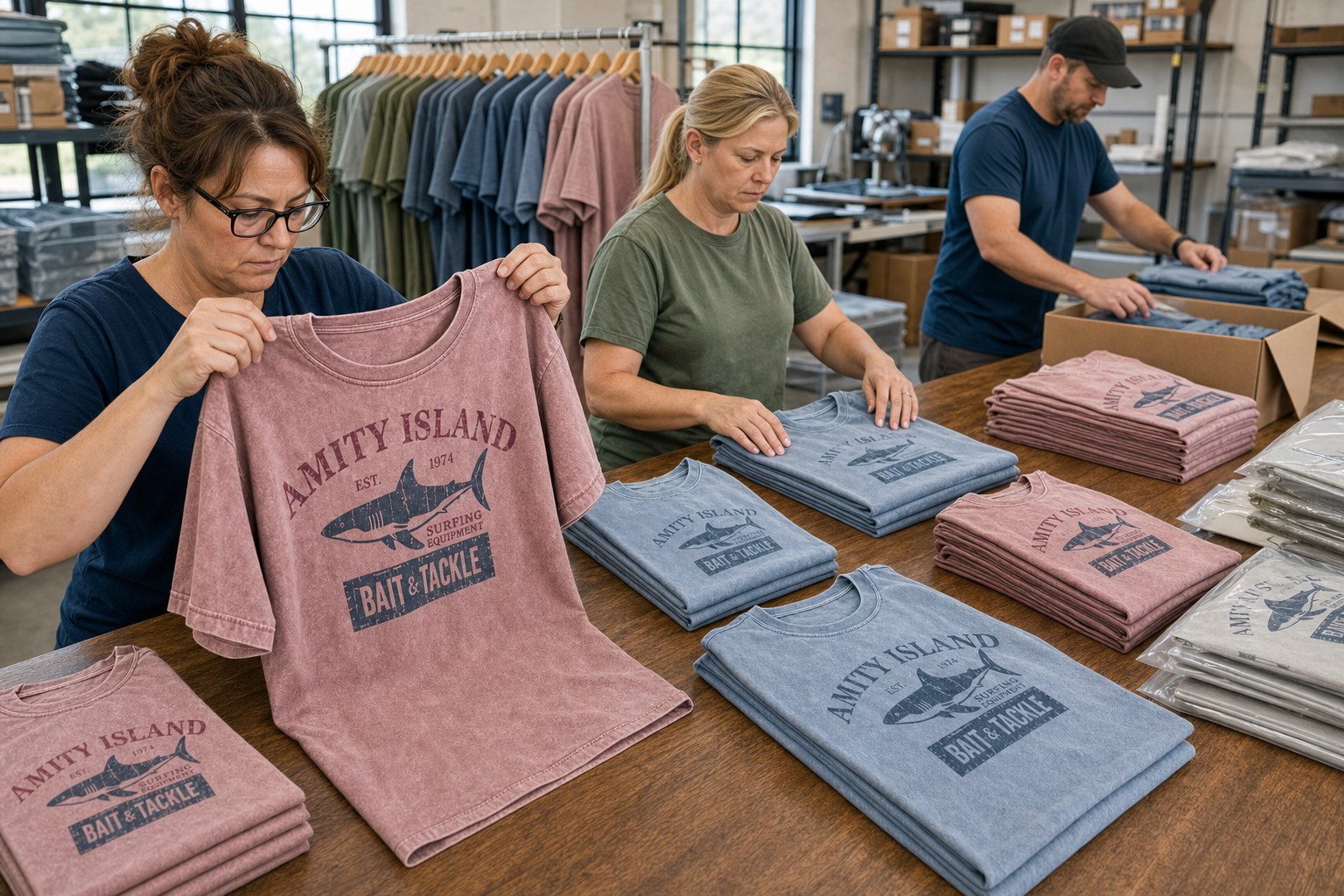 Factory quality check and packing scene for vintage shark graphic tees