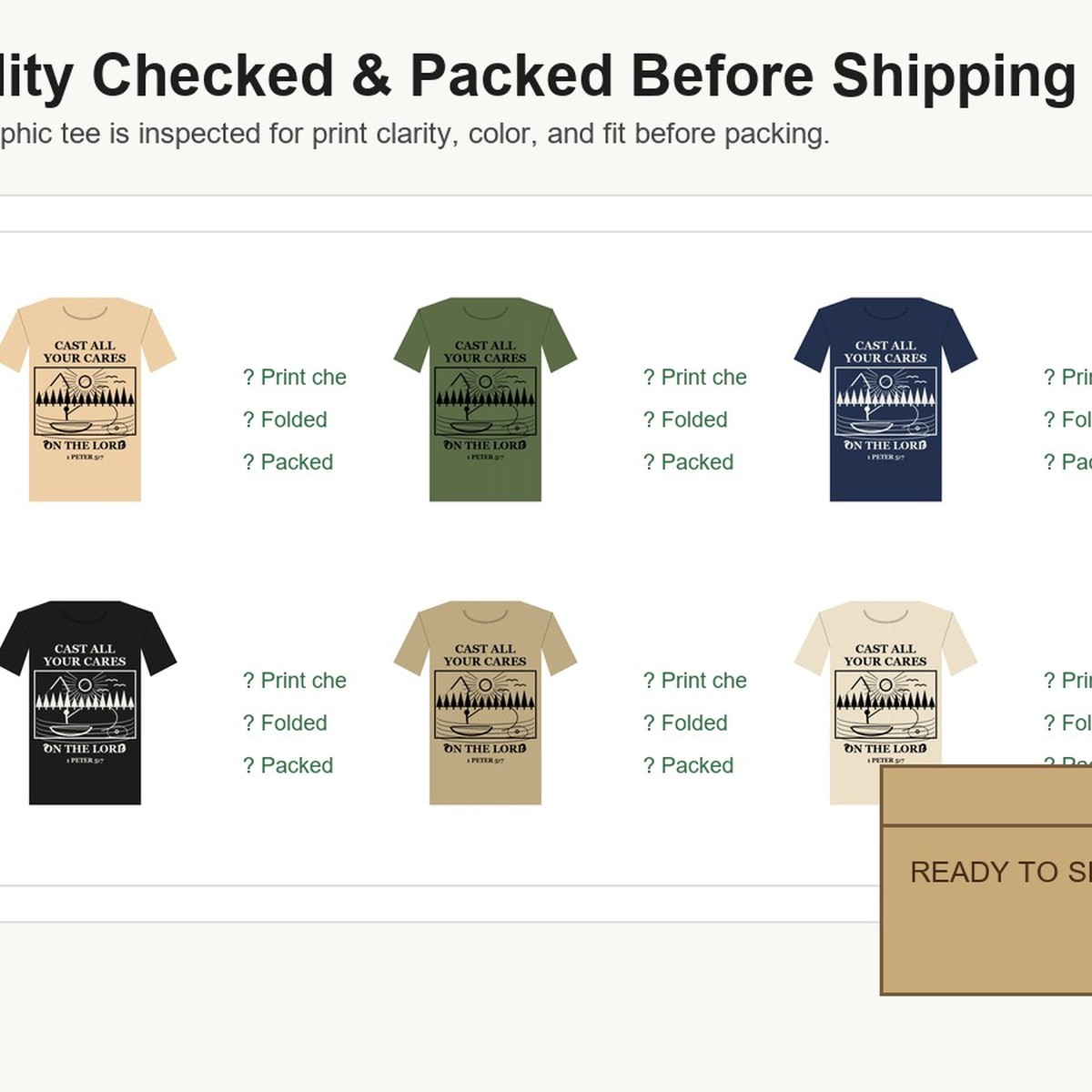 Quality check and packing for Cast All Your Cares fishing tees