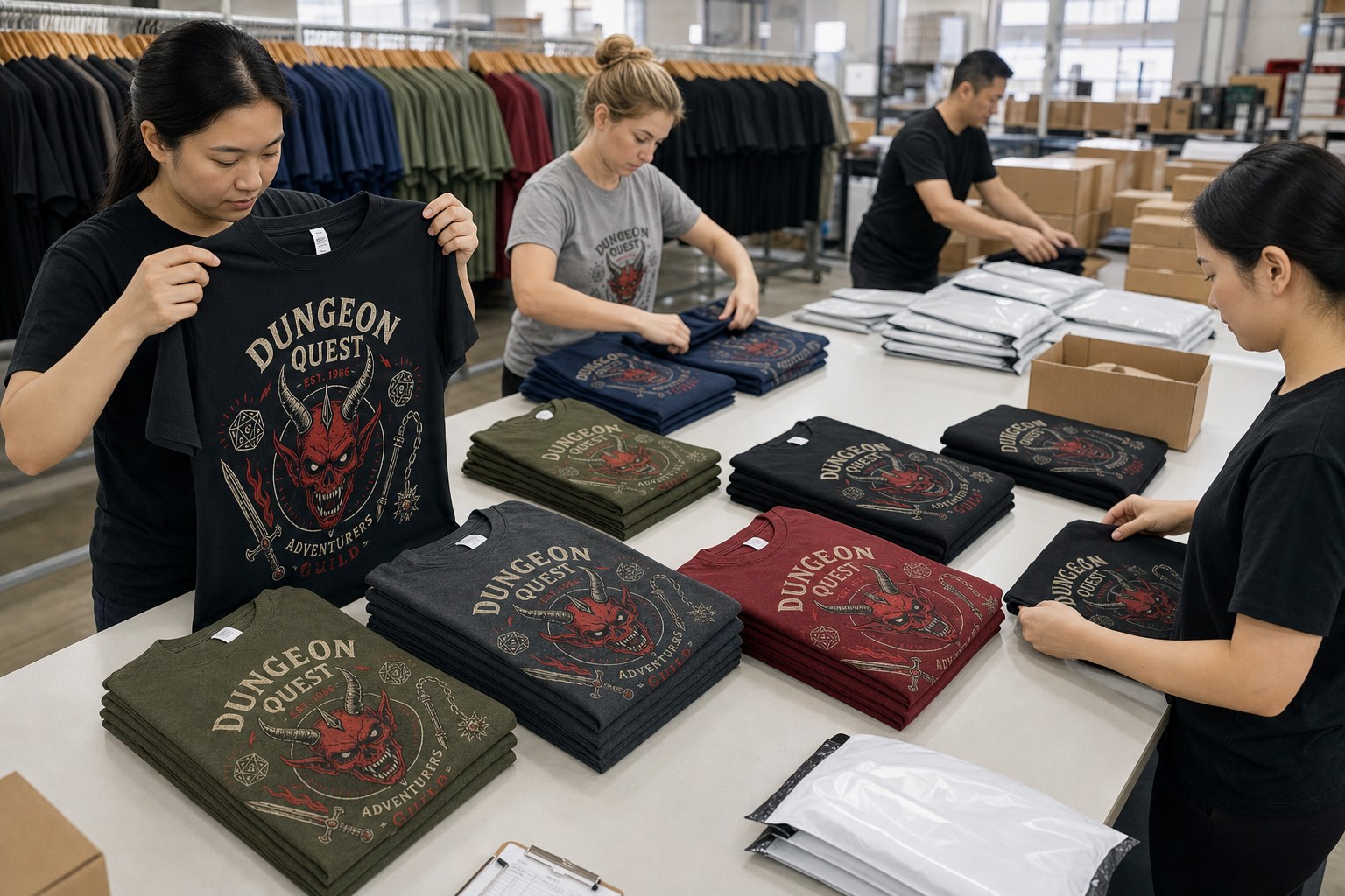 Factory quality check and packing scene for Dungeon Quest graphic tees