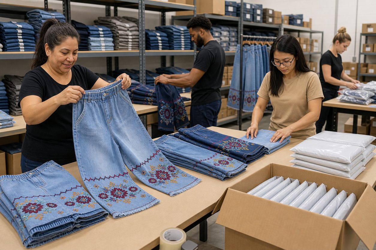 Factory quality check and packing scene for embroidered denim capri pants