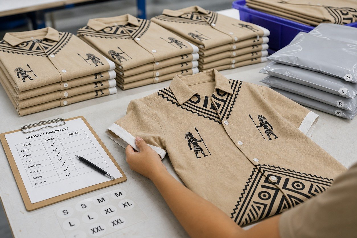 Factory quality check and packing scene for tribal camp collar shirts