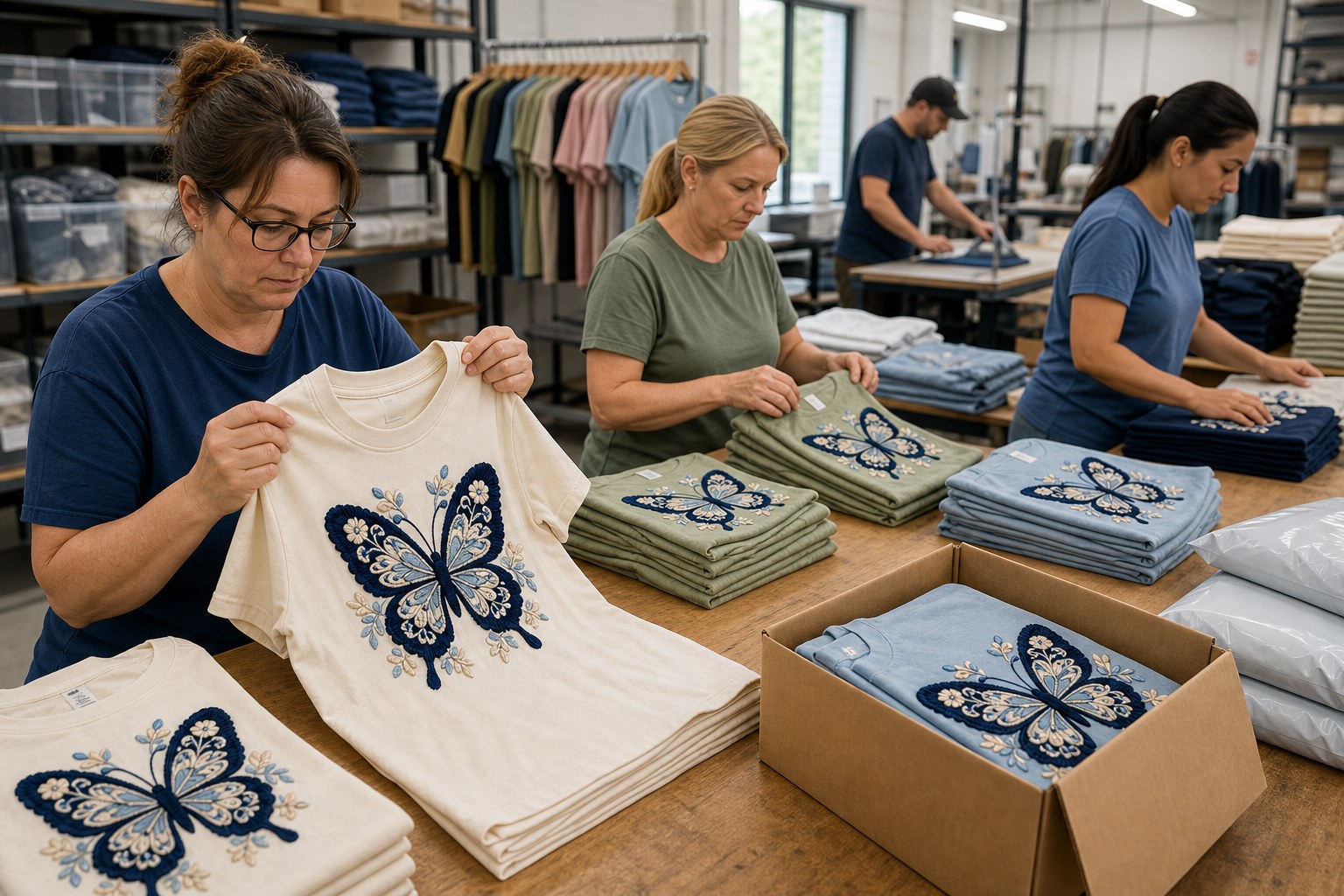 Factory quality check and packing scene for crochet butterfly tees
