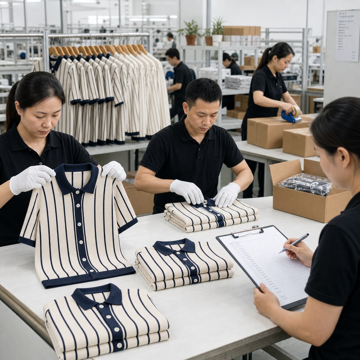 Factory quality check and packing scene for men's striped knit polo cardigan shirts