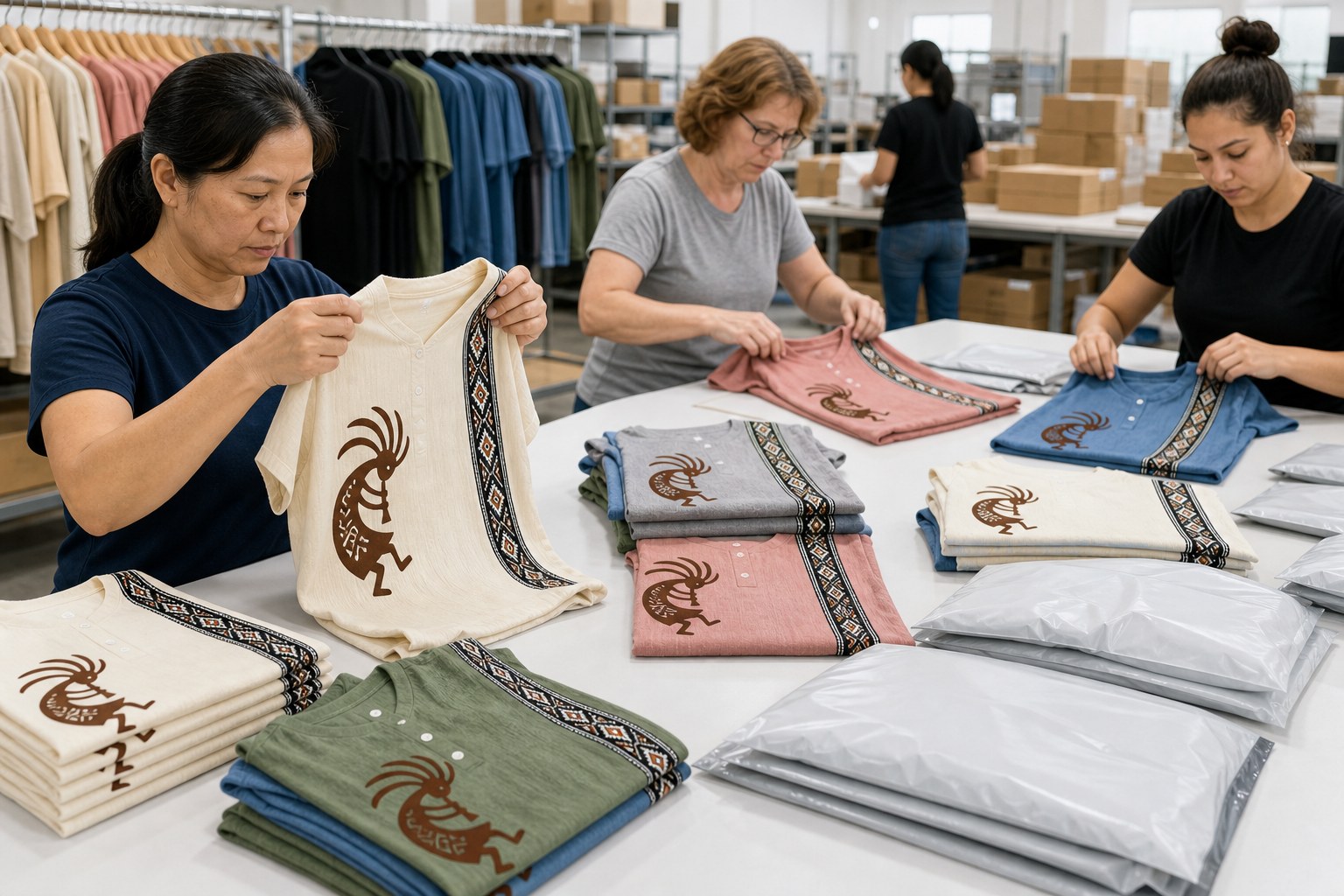 Factory quality check and packing scene for Southwest Kokopelli henley tops