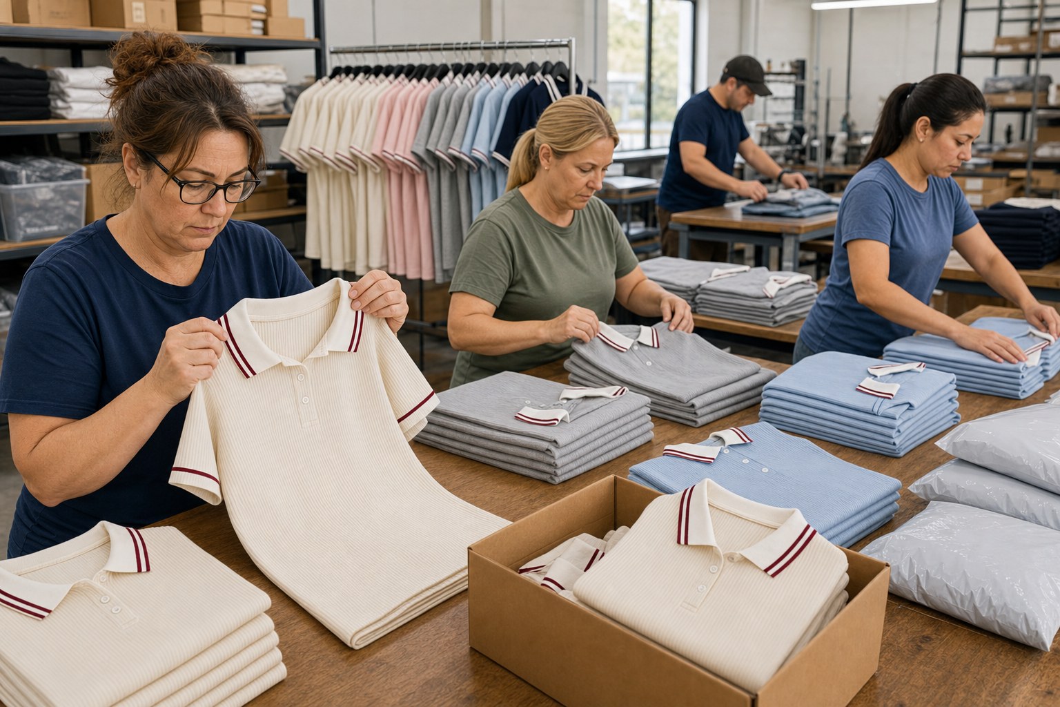 Factory quality check and packing scene for ribbed contrast collar polo tees