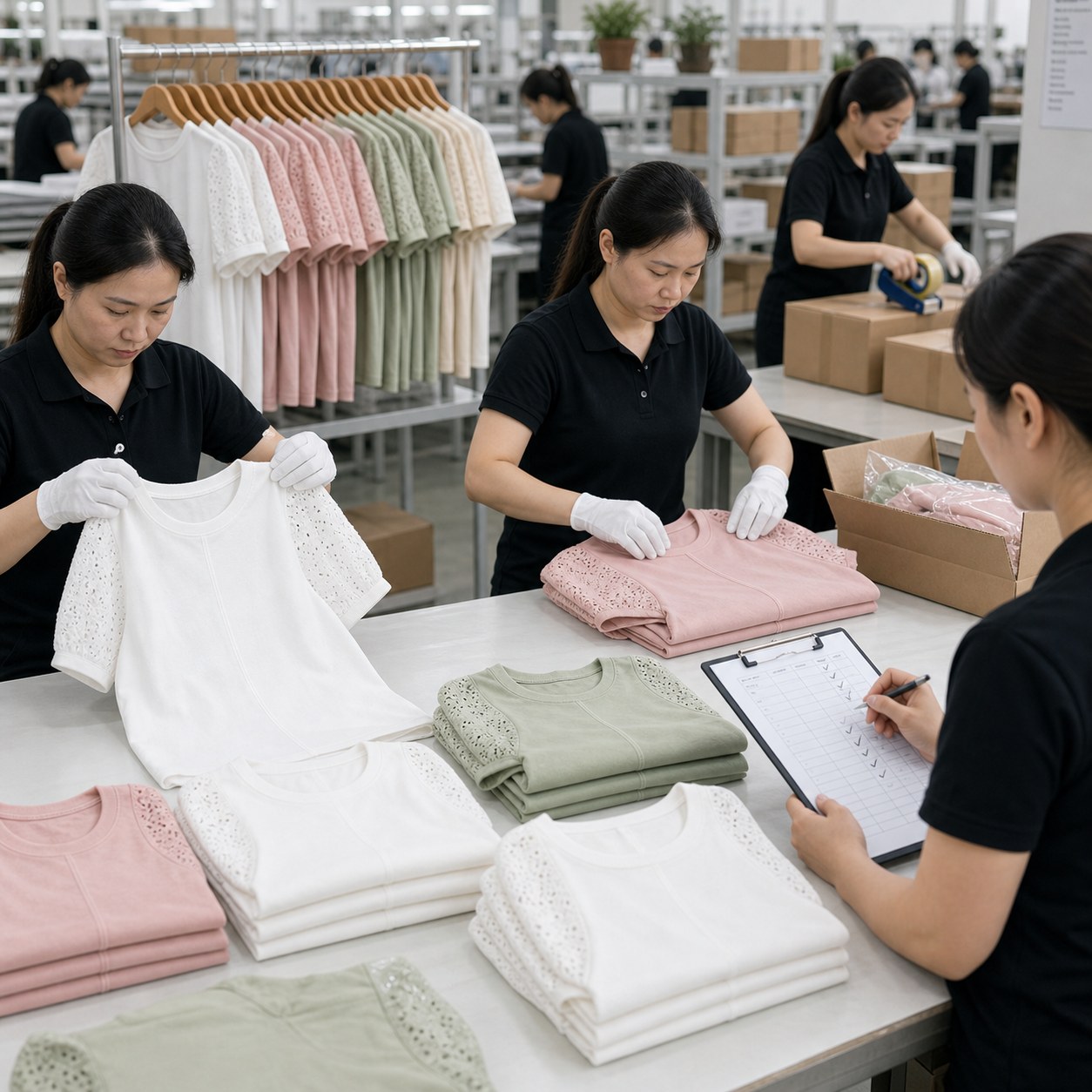 Factory quality check and packing scene for cotton eyelet sleeve tees