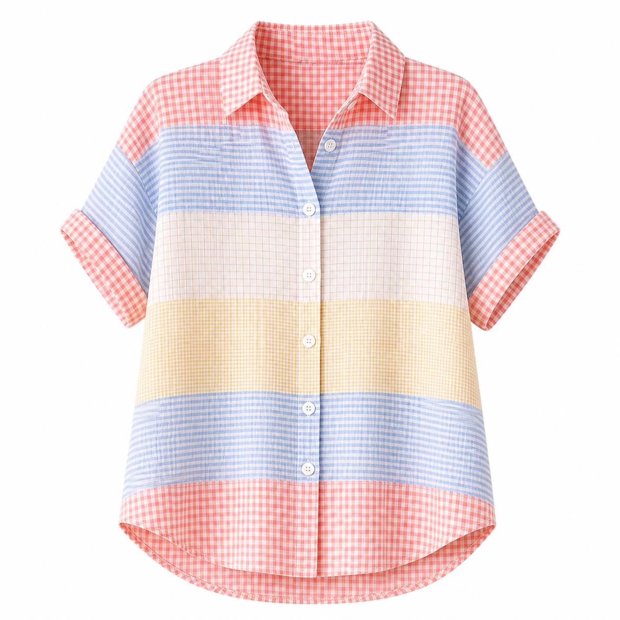 🔥CLEARANCE SALE🔥 Women's Patchwork Gingham Button-Up Shirt - Coral Blue Cream