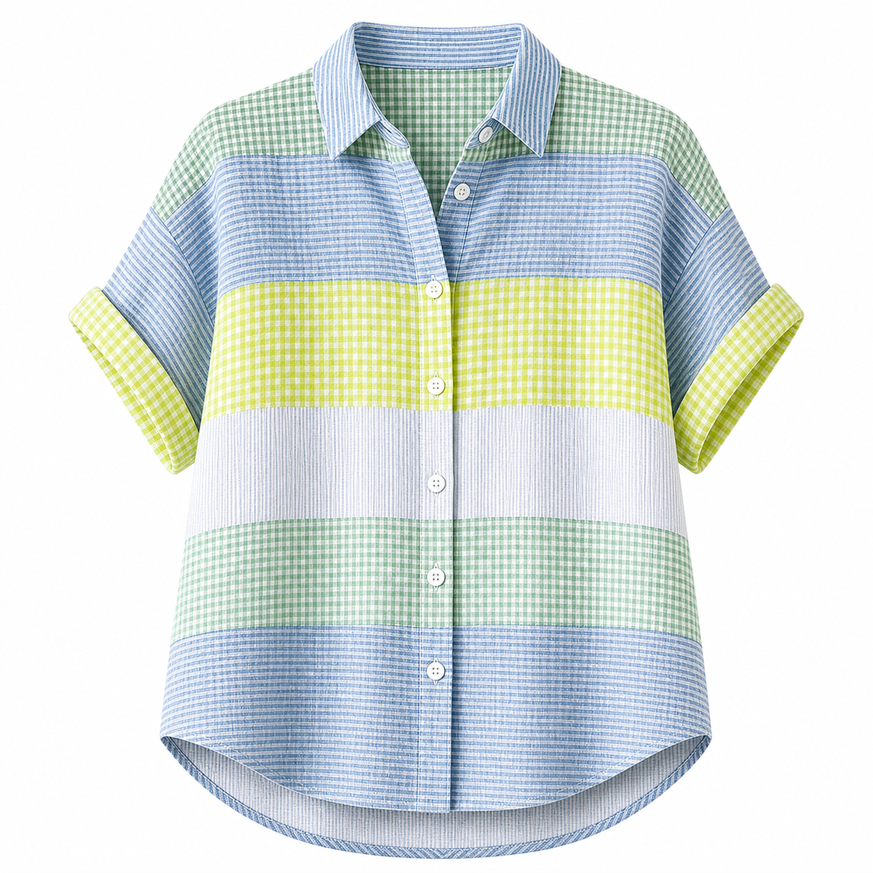 🔥CLEARANCE SALE🔥 Women's Patchwork Gingham Button-Up Shirt - Denim Lime Green