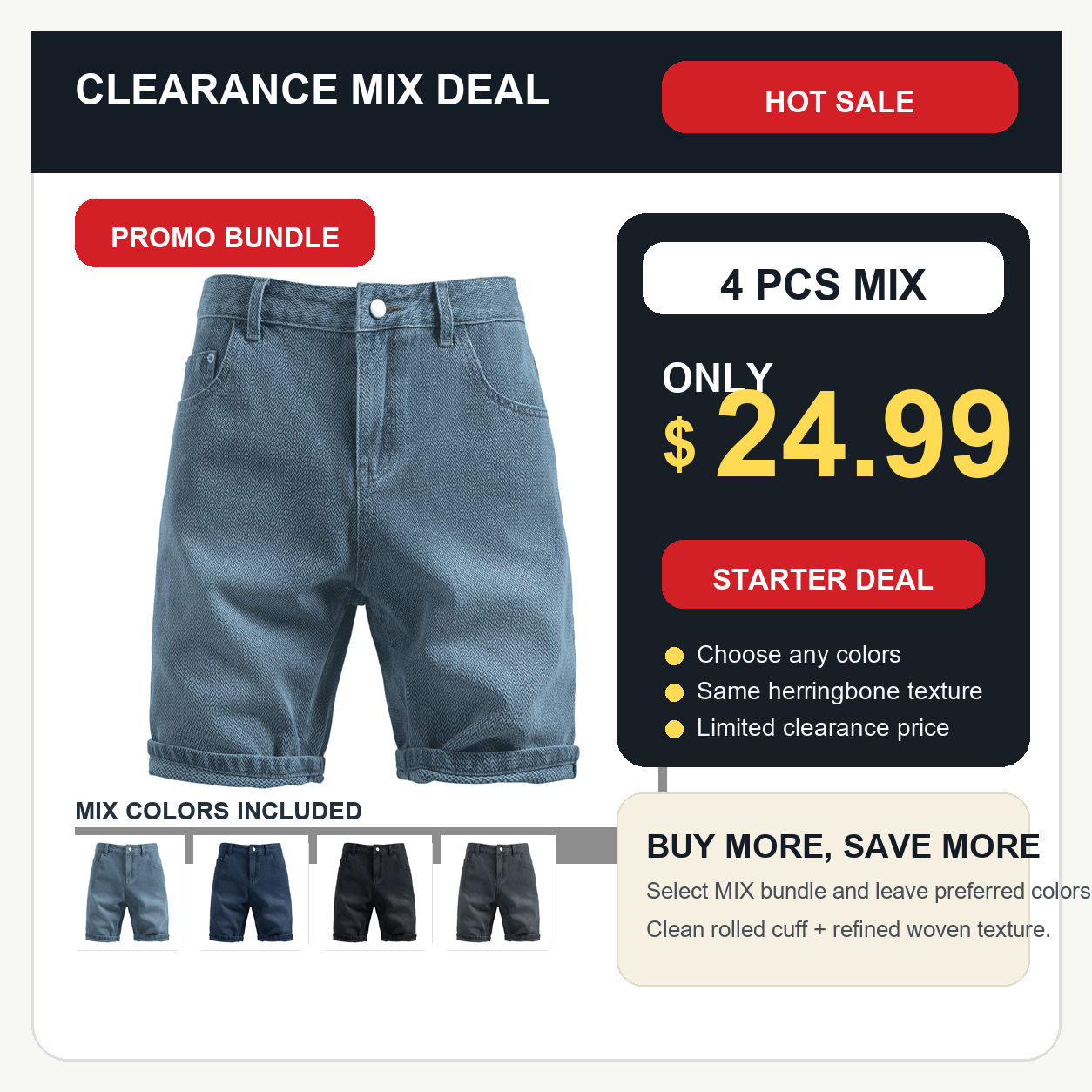 🔥CLEARANCE SALE🔥 Men's Herringbone Denim-Look Casual Shorts - Charcoal - 4 PCS MIX ONLY $24.99
