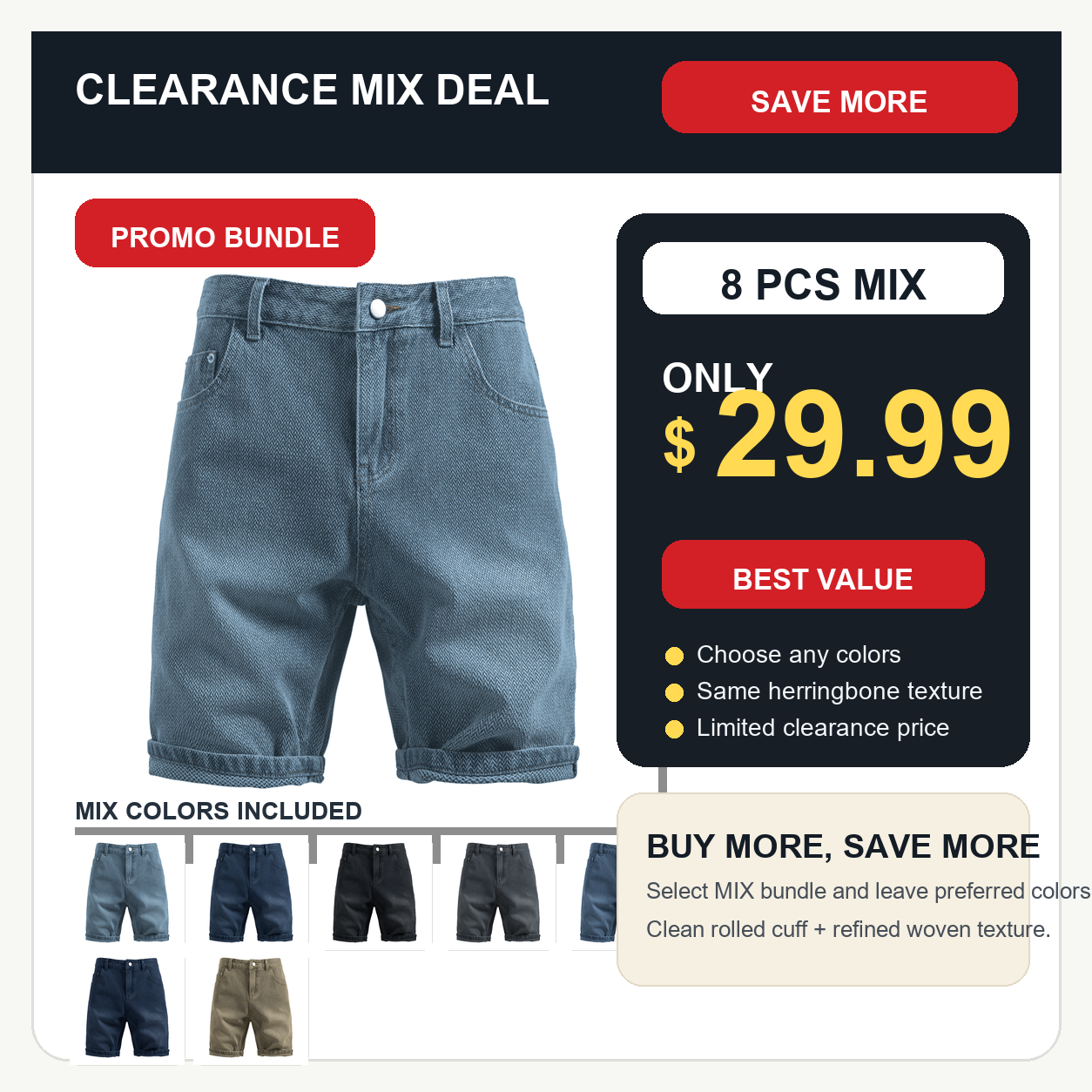 🔥CLEARANCE SALE🔥 Men's Herringbone Denim-Look Casual Shorts - Light Blue Herringbone - 8 PCS MIX ONLY $29.99