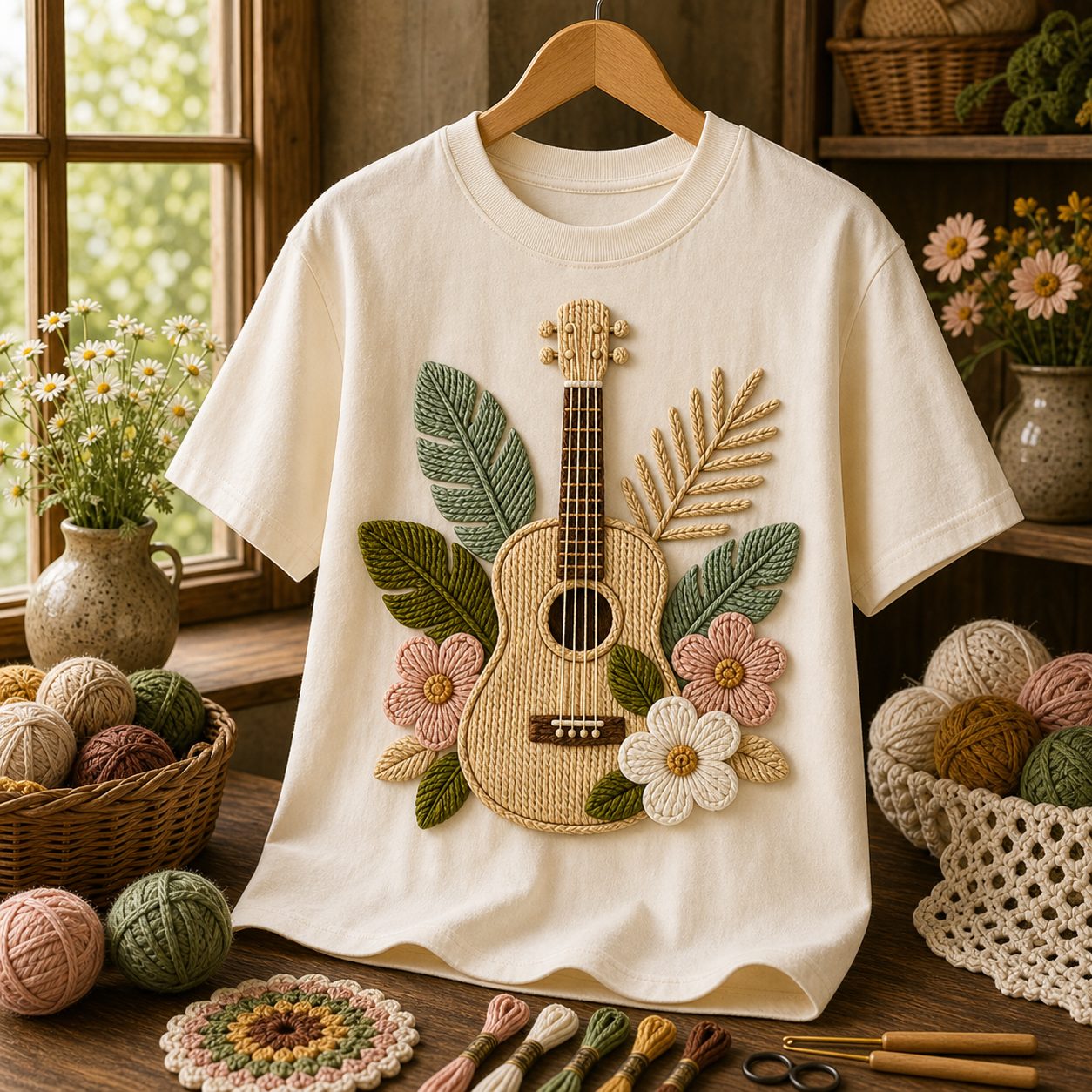 Crochet-look botanical guitar detail
