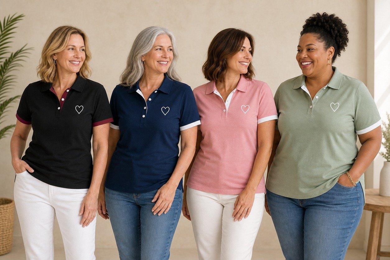 Women of different body types wearing contrast trim heart polo shirts