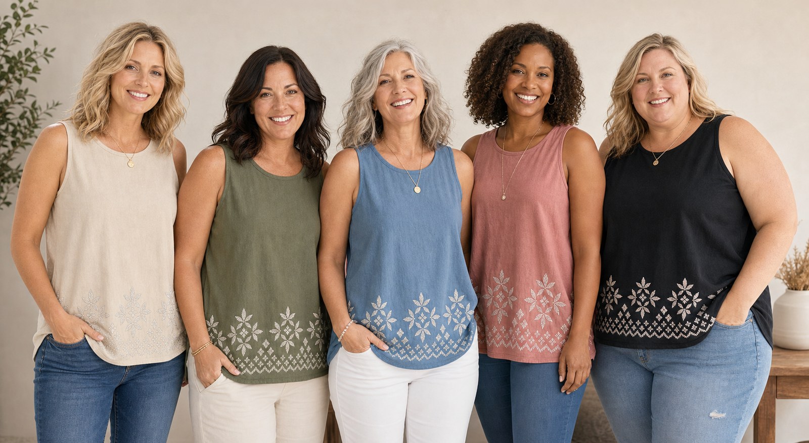 Women of different heights and body types wearing embroidered border sleeveless tank tops