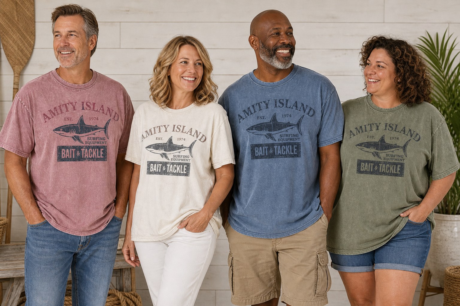 Adults of different body types wearing vintage shark bait and tackle graphic tees