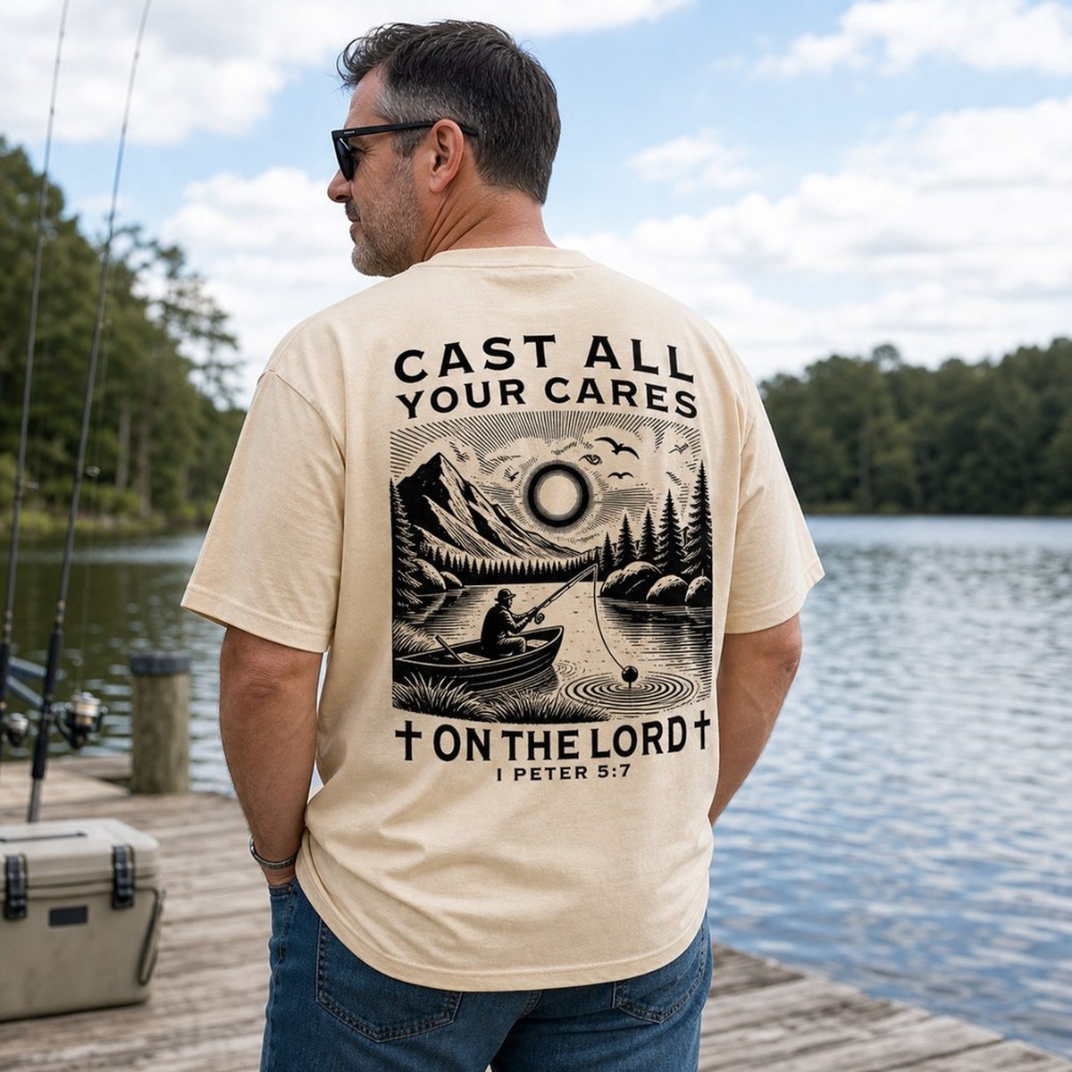 Men wearing Cast All Your Cares fishing graphic tee