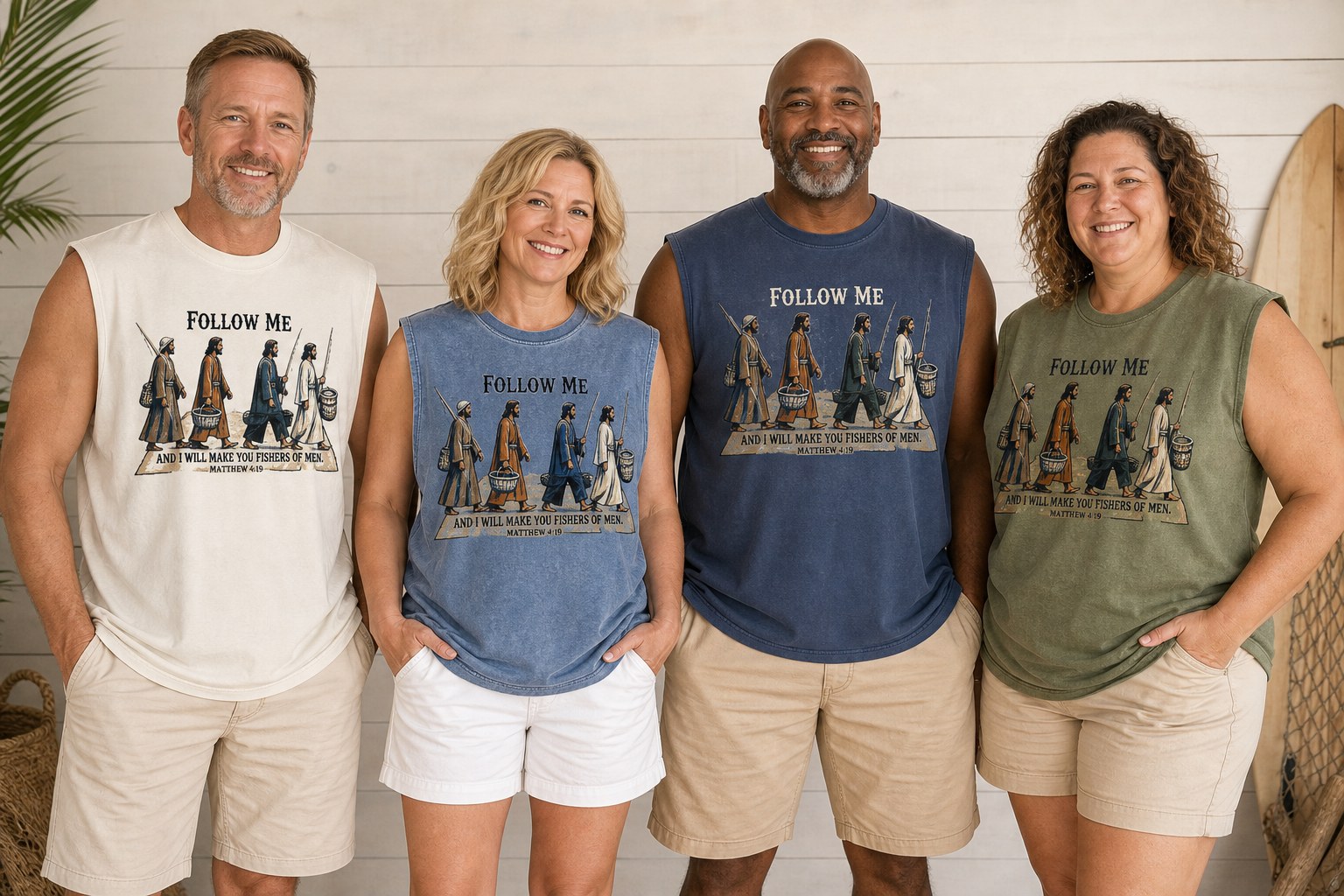 Adults of different body types wearing Follow Me Fishers of Men sleeveless tees