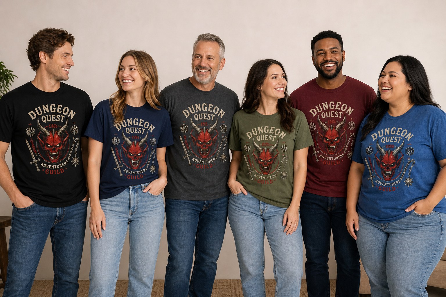 Men and women wearing unisex Dungeon Quest graphic tees