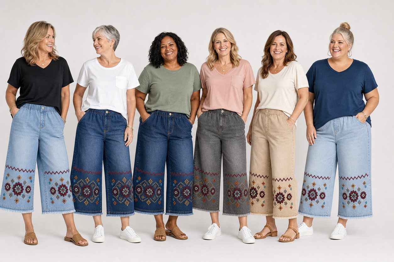 Women of different heights and body types wearing embroidered denim capri pants