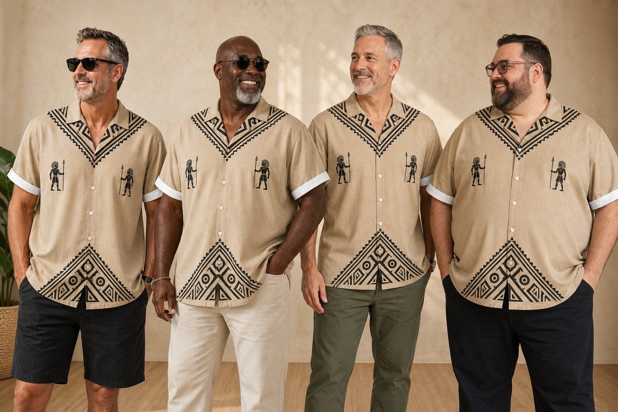 Men of different body types wearing tribal camp collar shirts