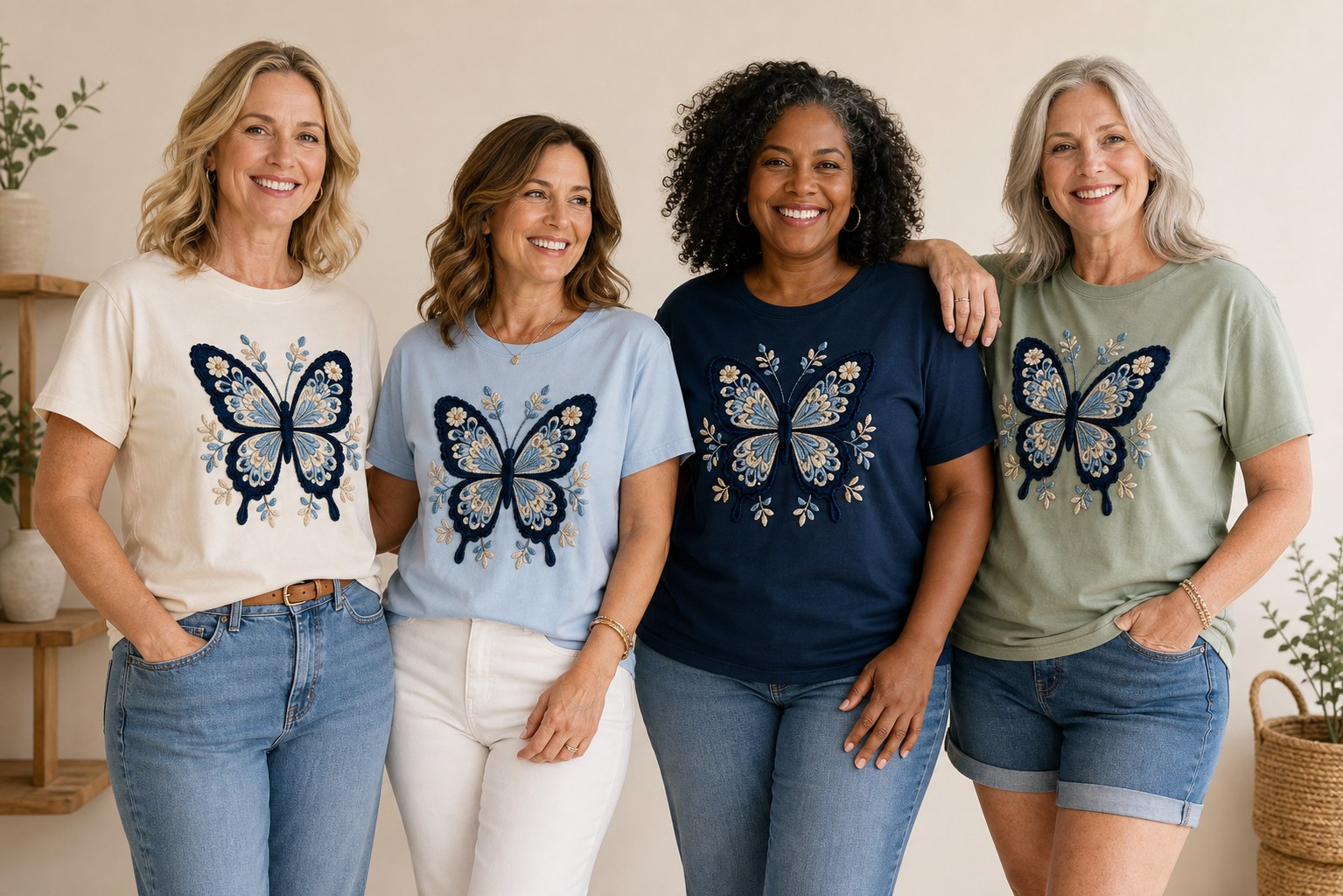 Women of different heights and body types wearing crochet butterfly graphic tees
