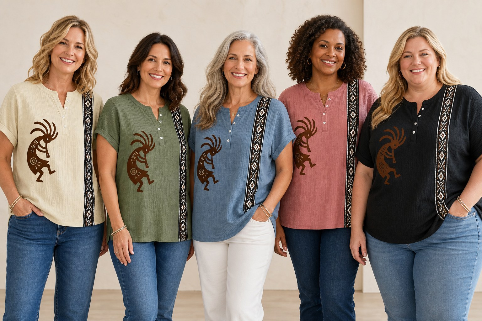 Women of different heights and body types wearing Southwest Kokopelli henley tops