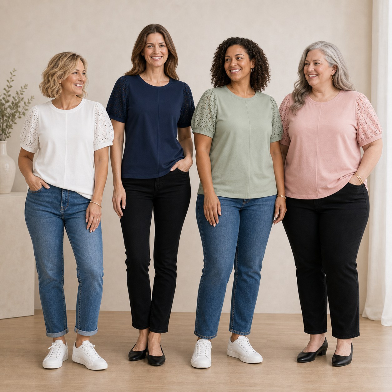 Women of different body types wearing cotton eyelet sleeve tees