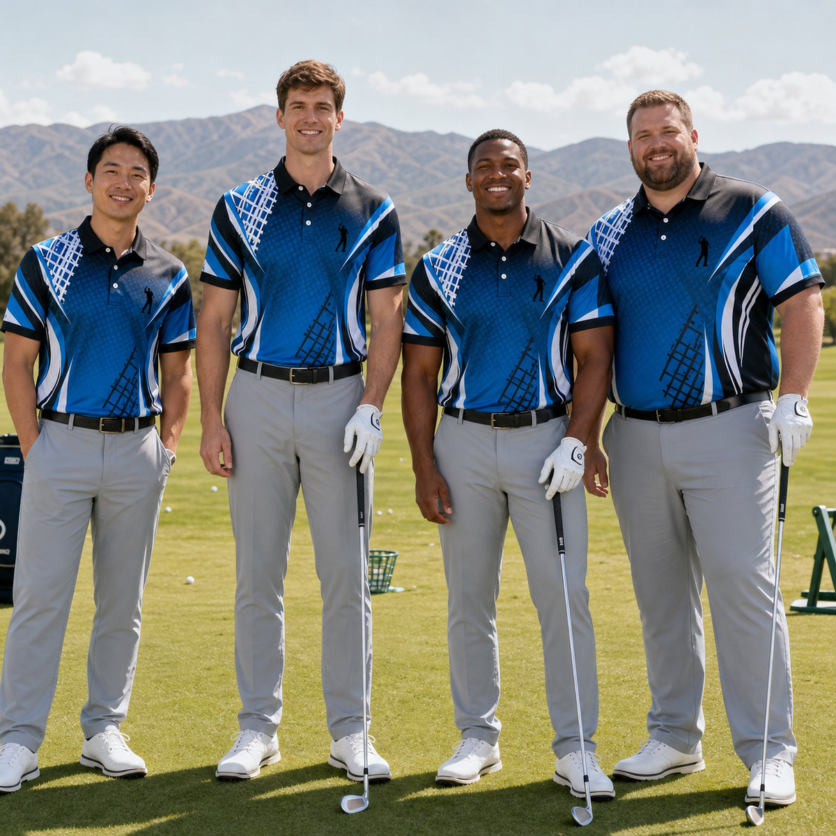Different body types and skin tones wearing golf polo