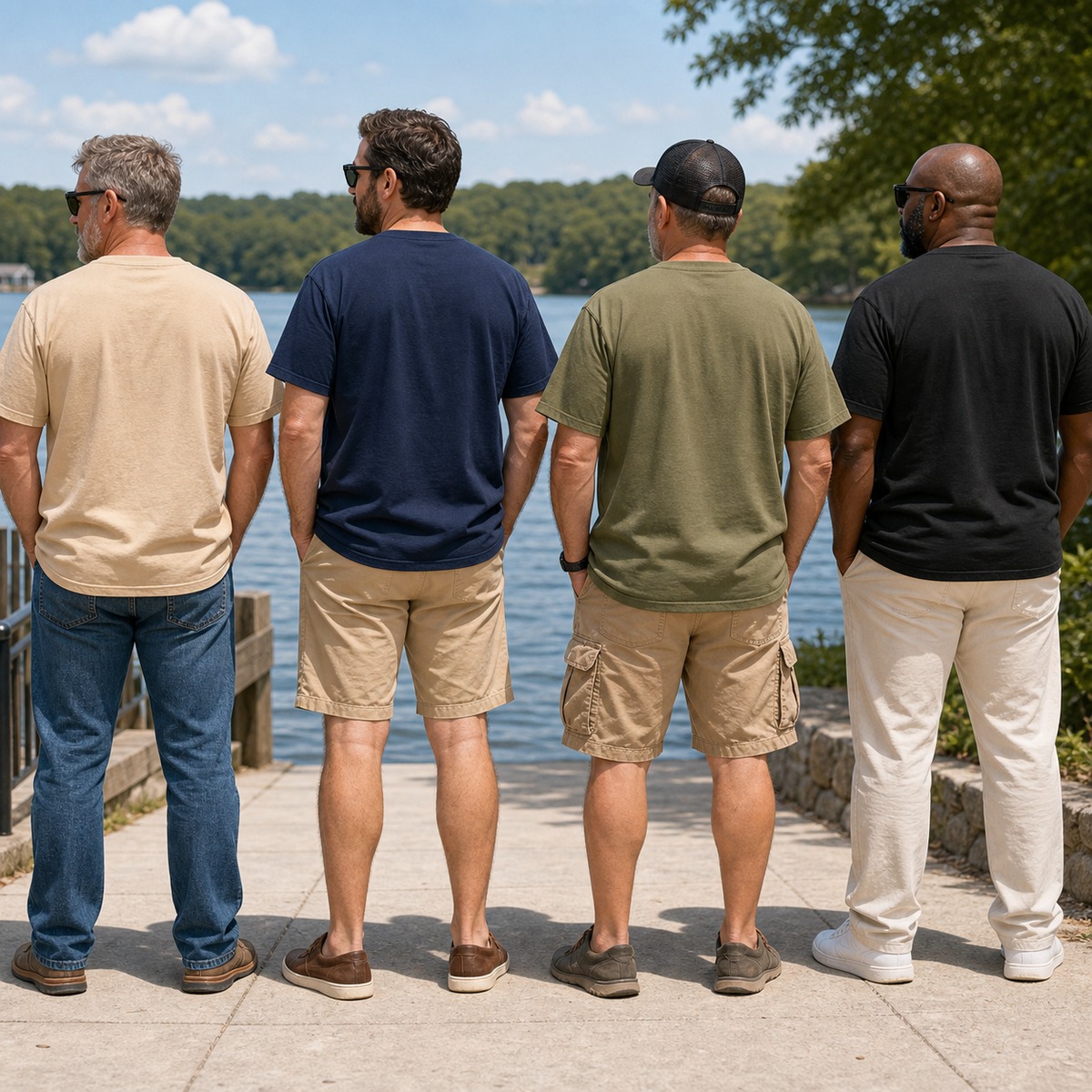 Different body types and skin tones wearing Cast All Your Cares fishing tee