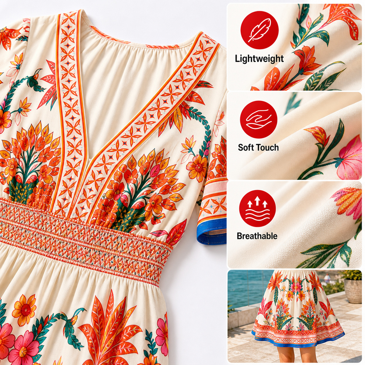 Tropical floral dress lightweight breathable material details