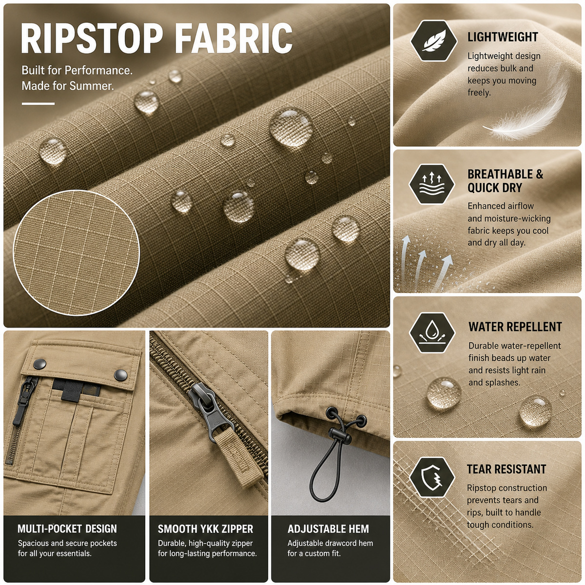 Ripstop fabric breathable quick dry tactical pants material details