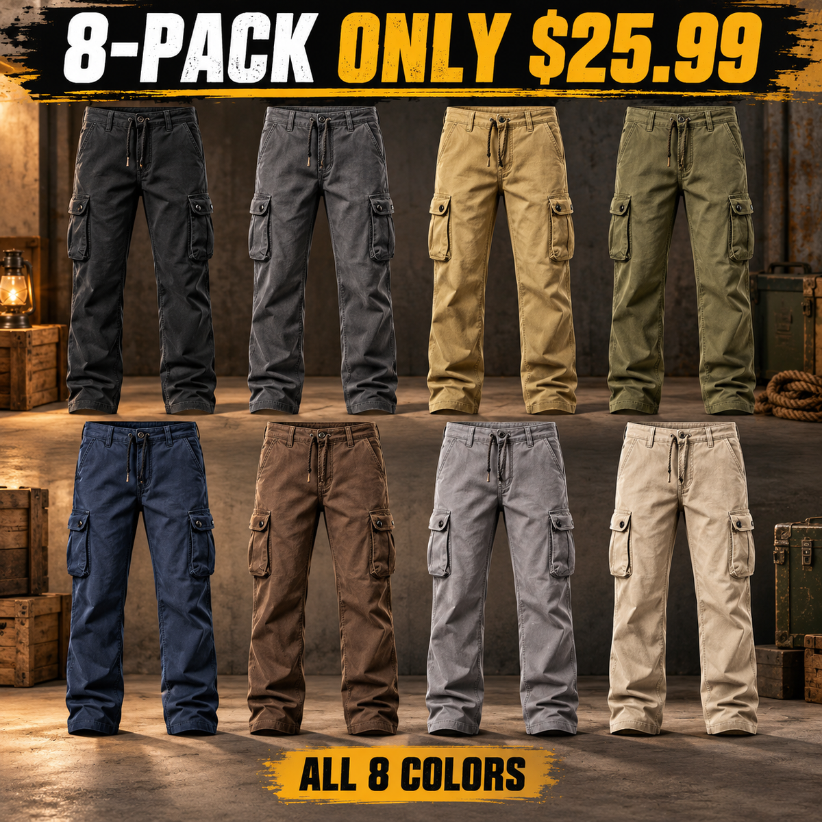 8-Pack - All 8 Colors Men's Vintage Utility Cargo Pants Multipacks
