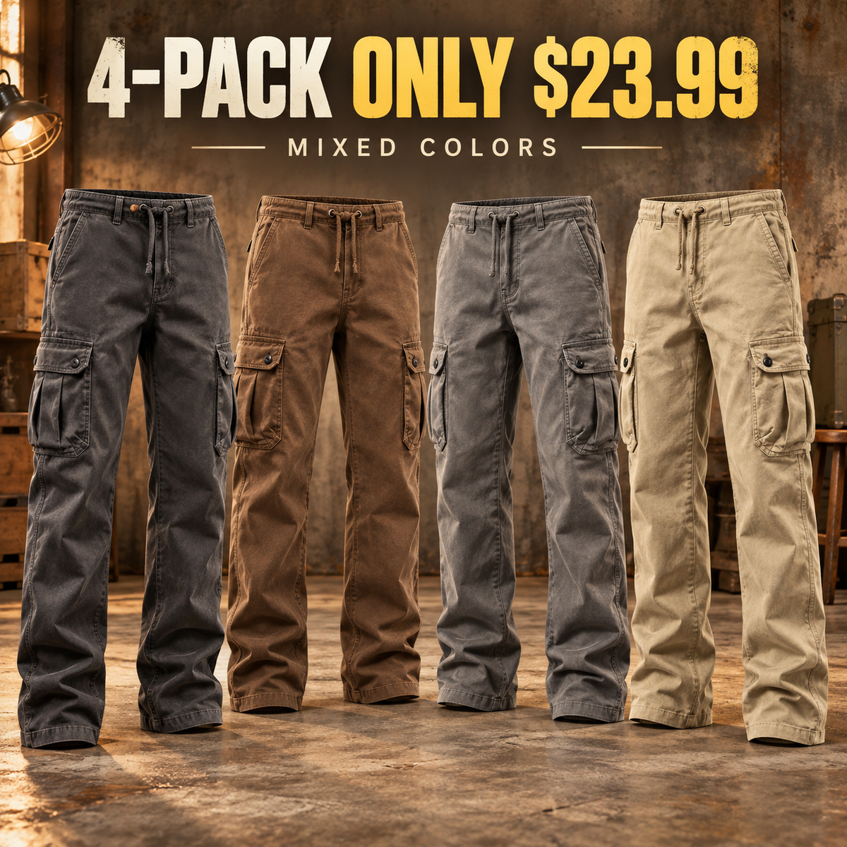 4-Pack - Outdoor Tones Men's Vintage Utility Cargo Pants Multipacks
