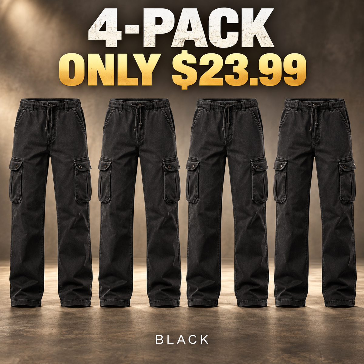 4-Pack - Black Men's Vintage Utility Cargo Pants Multipacks