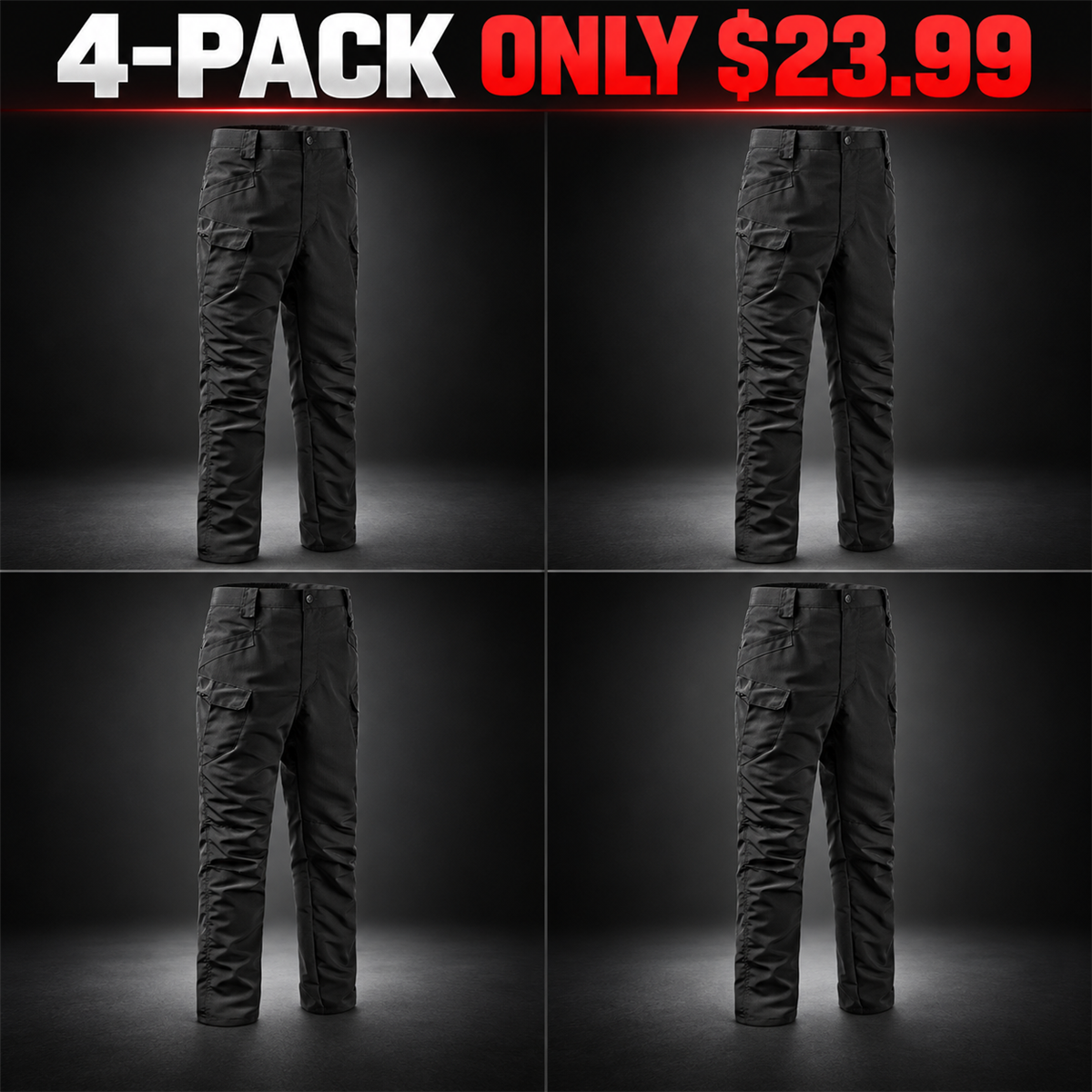 4-Pack - Black Men's Tactical Utility Cargo Pants Multipacks